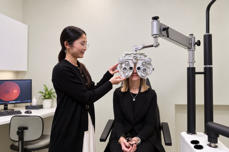 Optometrist Wendy Nguyen fitting a phoropter for a patient’s eye test